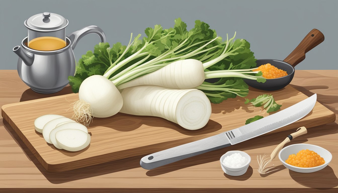 A daikon radish sits on a wooden cutting board, surrounded by various kitchen tools and ingredients. A chef's knife is poised to slice through the crisp white flesh