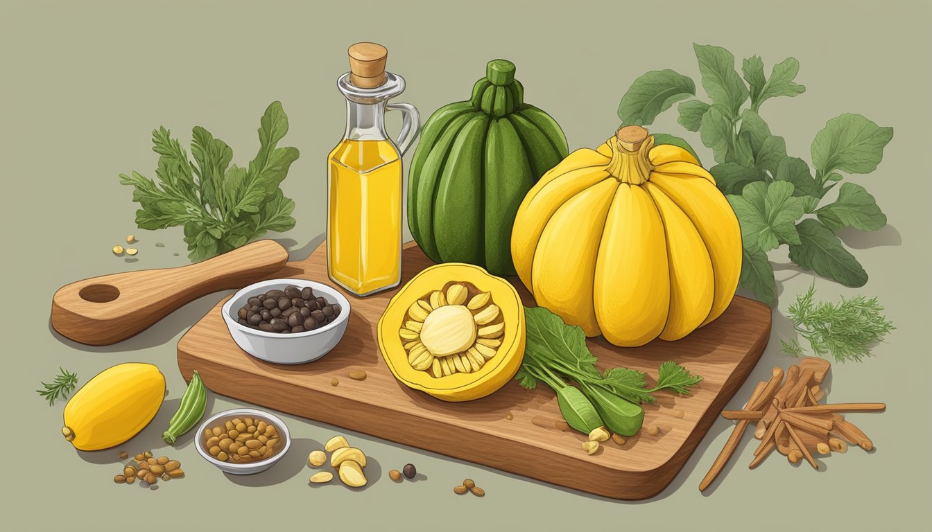 A whole yellow squash surrounded by various enhancement ingredients like herbs, spices, and olive oil on a cutting board