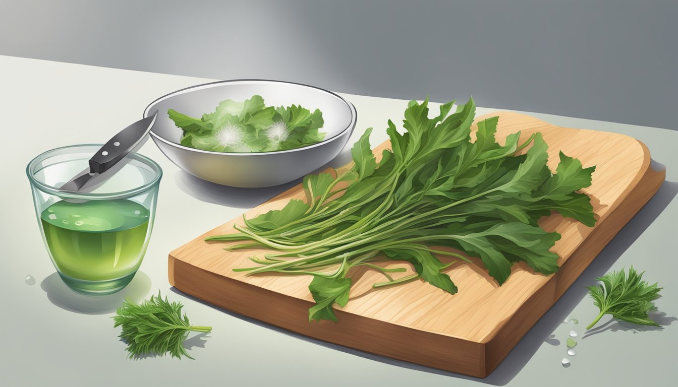 A cutting board with dandelion greens, a knife, and a bowl of water