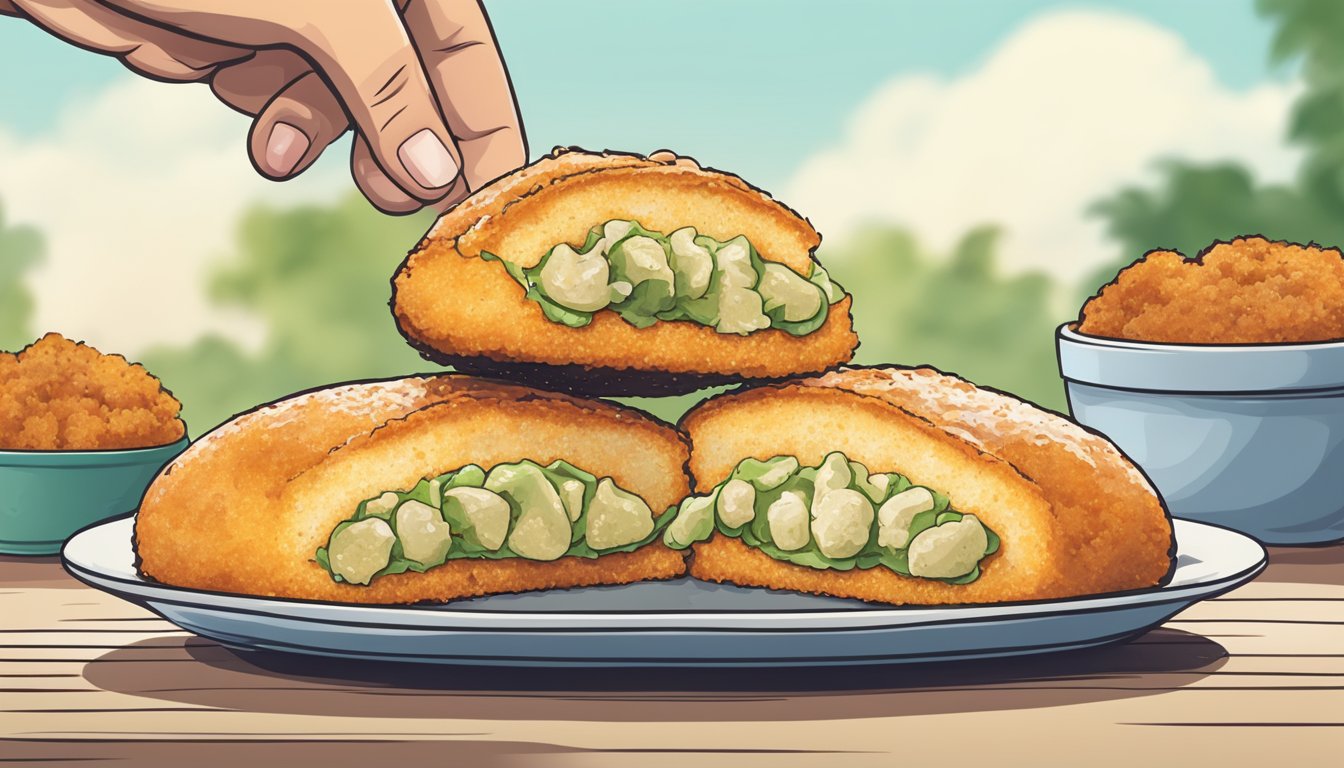 A person's hand holding a coxinha, taking a bite from the crispy exterior, revealing the creamy chicken filling inside