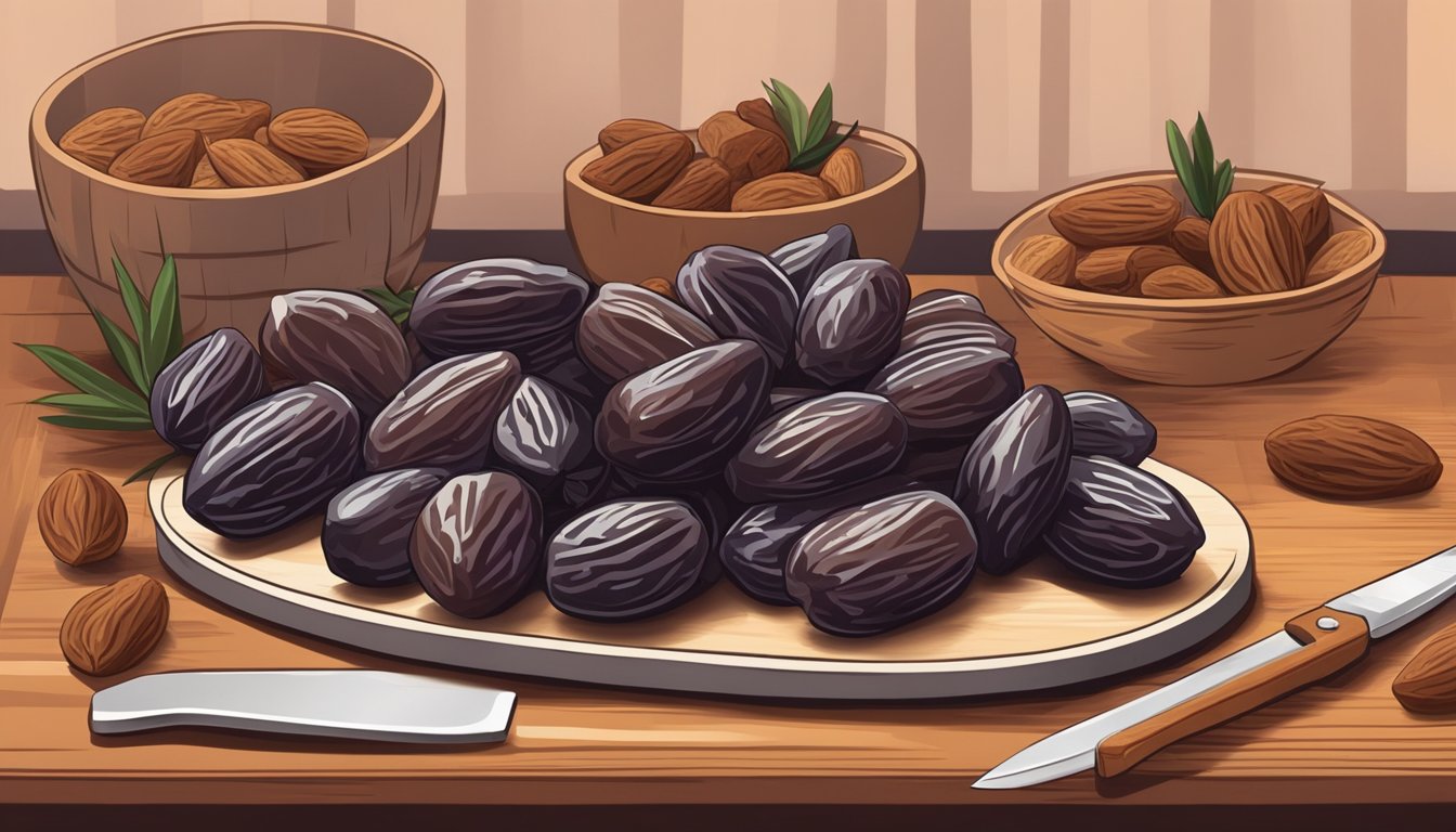 A plump date rests on a wooden cutting board, surrounded by a scattering of smaller dates. A knife hovers above, ready to slice into the fruit