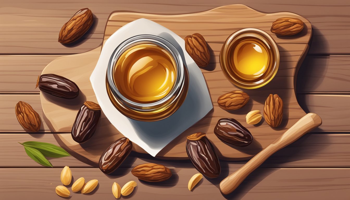 A bowl of dates arranged on a wooden cutting board, surrounded by a variety of nuts and a jar of honey