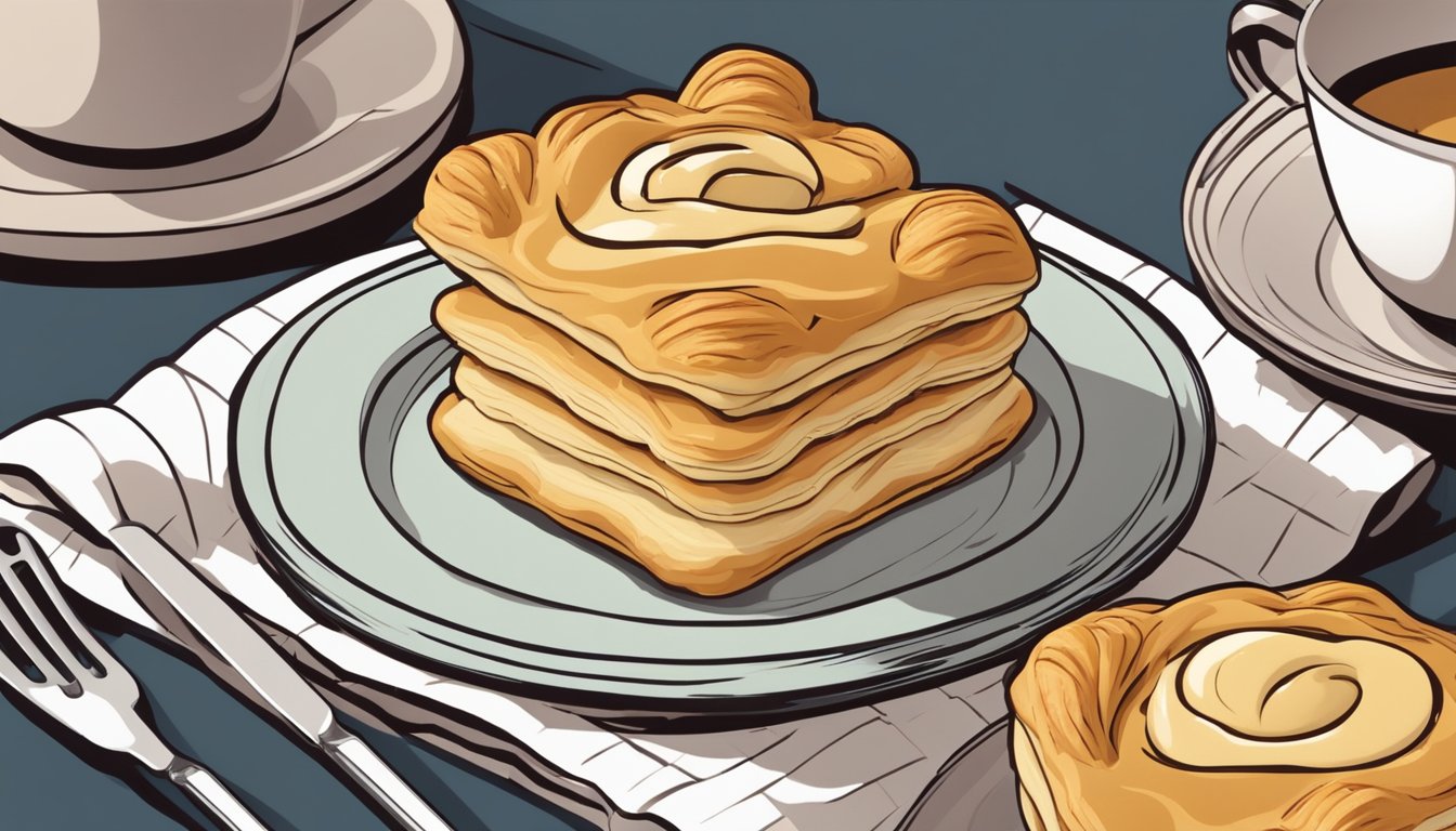 A flaky Danish pastry sits on a plate, layers of dough and sweet filling visible. A fork hovers nearby, ready to take a bite