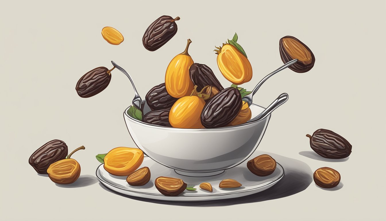 A date fruit suspended in mid-air, being approached by a fork with a playful expression. Surrounding it are other dates in various stages of being eaten