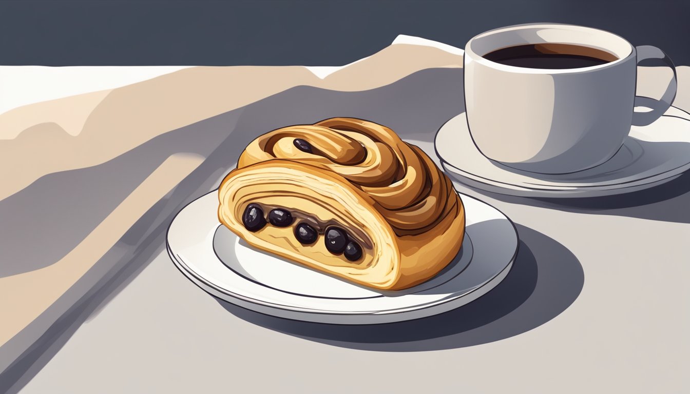 A danish pastry sits on a white plate next to a cup of coffee. The pastry is flaky and golden brown, with a sweet filling peeking out from the layers