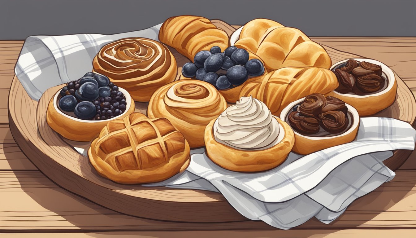 A selection of Danish pastries arranged on a wooden serving platter with a decorative napkin underneath