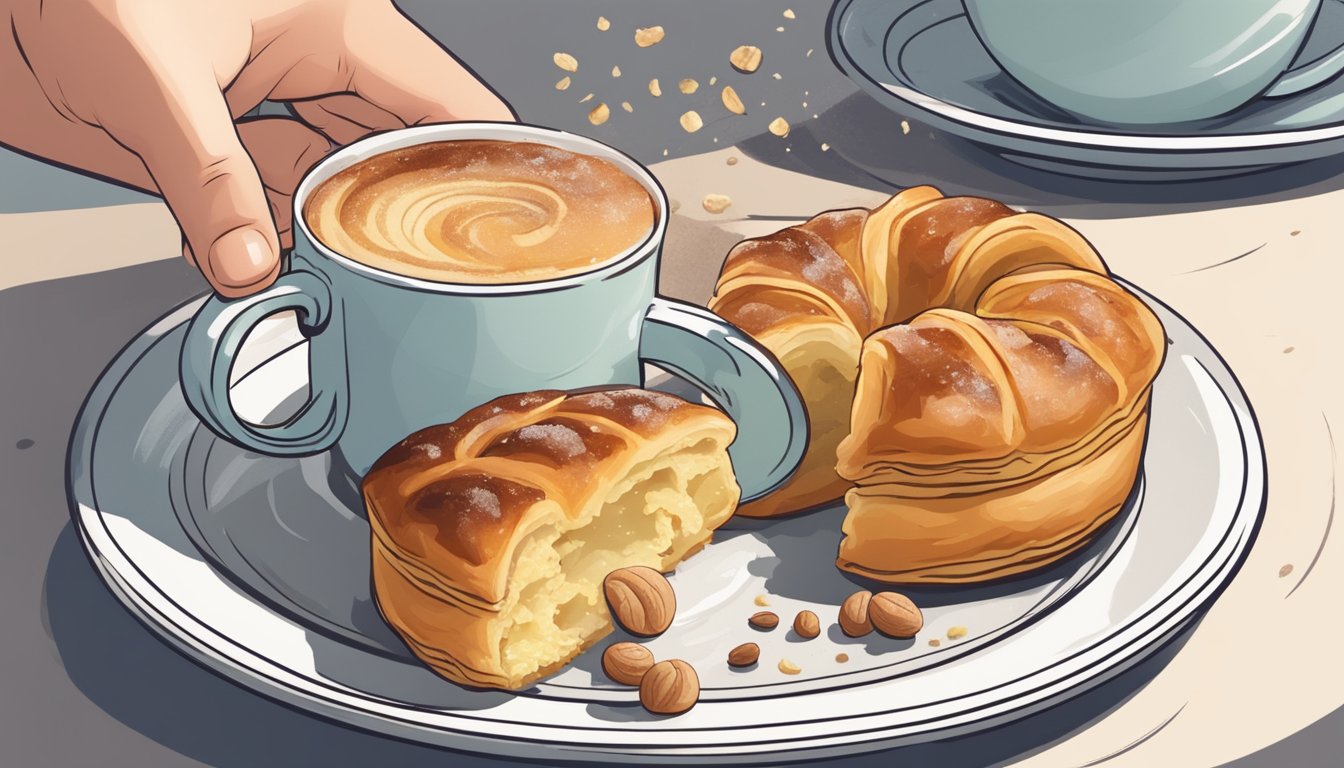 A hand reaches for a flaky danish pastry on a plate, a bite taken out, crumbs scattered. A cup of coffee sits nearby, steam rising