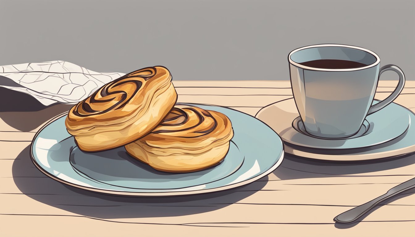 A danish pastry sits on a plate next to a cup of coffee. A fork is positioned next to the pastry, ready to take a bite