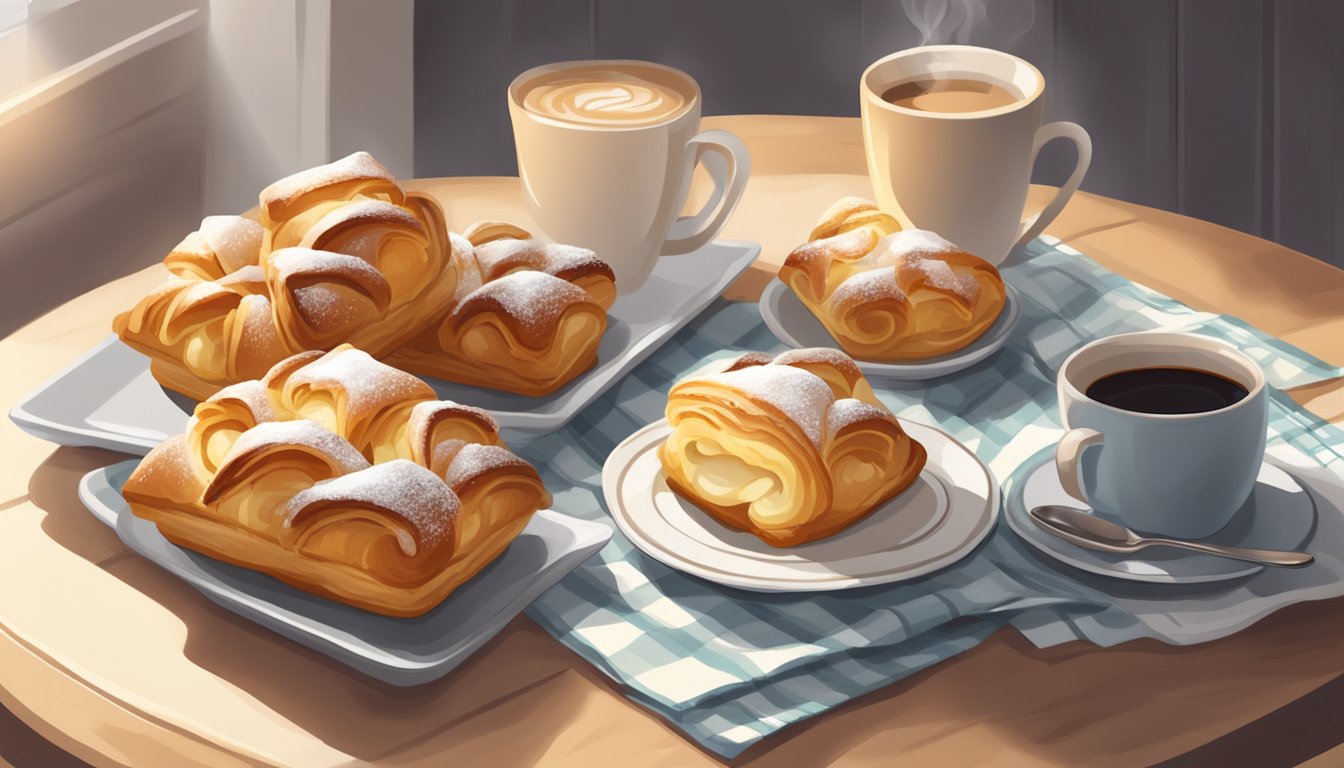 A plate of freshly baked Danish pastries with flaky layers and sweet fillings, accompanied by a cup of coffee on a cozy kitchen table