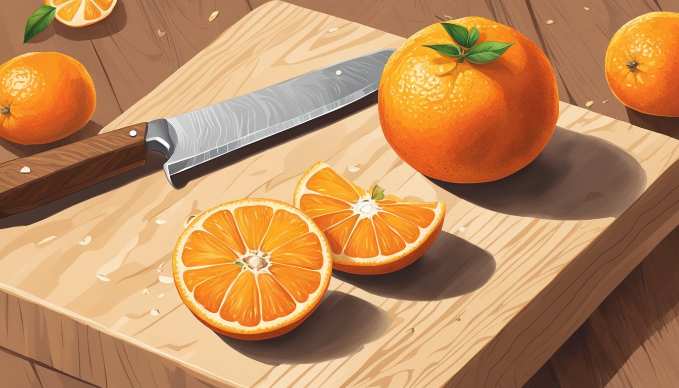 A clementine sits on a wooden cutting board, surrounded by scattered peel segments. A knife is poised to slice through the fruit, revealing its juicy interior