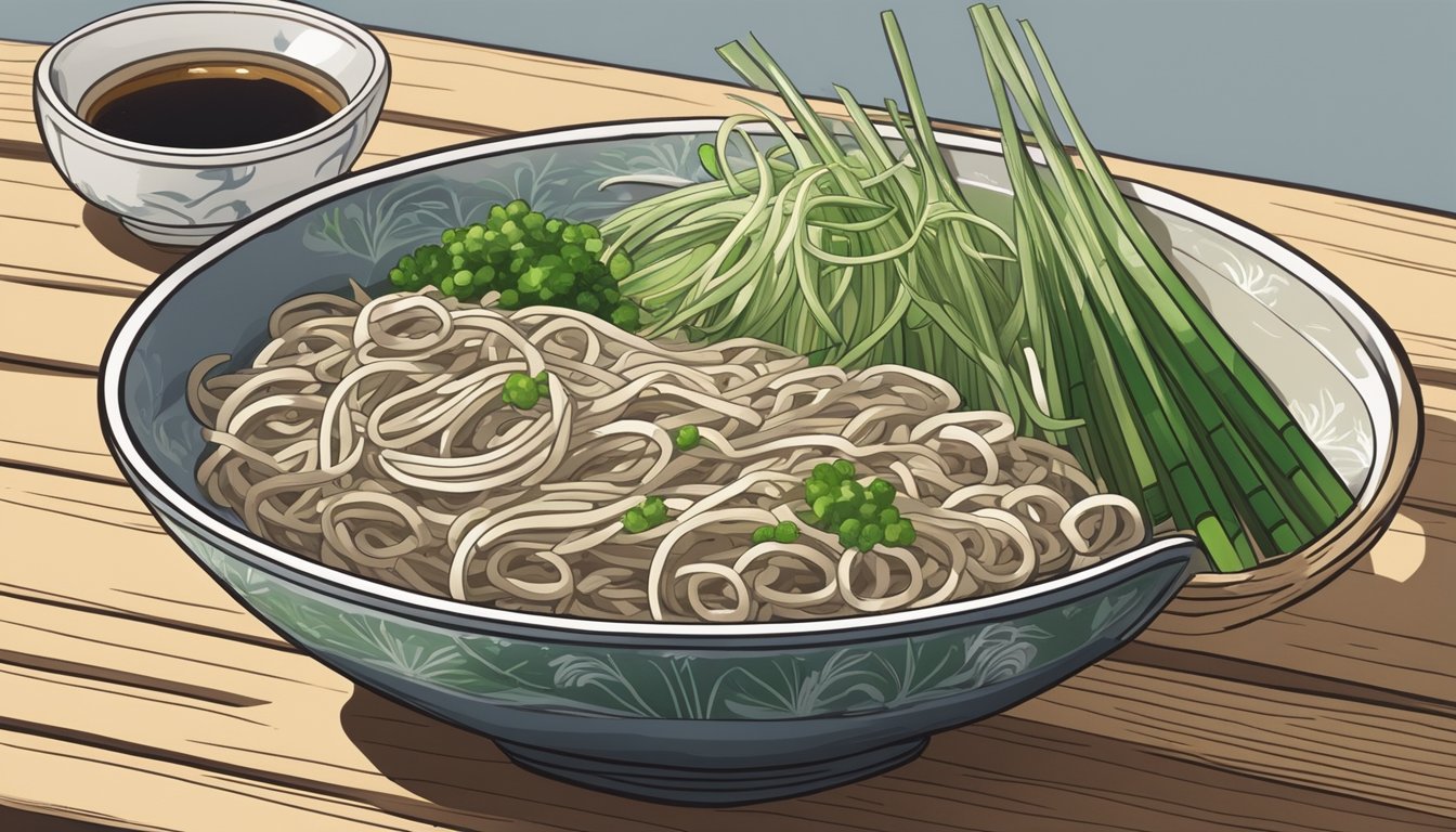 A steaming bowl of soba noodles, accompanied by a small dish of dipping sauce and garnished with sliced green onions and grated daikon, sits on a simple wooden table