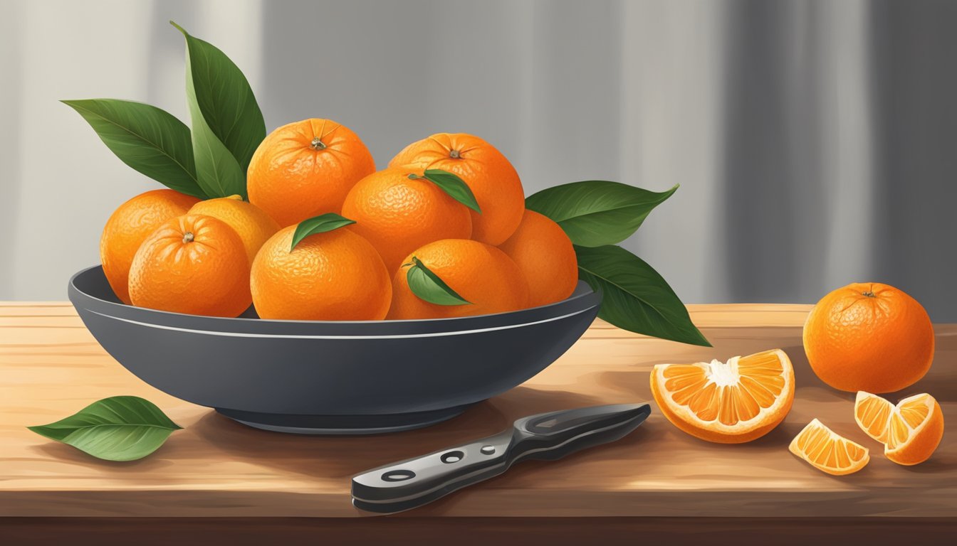 A bowl of clementines on a wooden table, one partially peeled. A knife and cutting board nearby