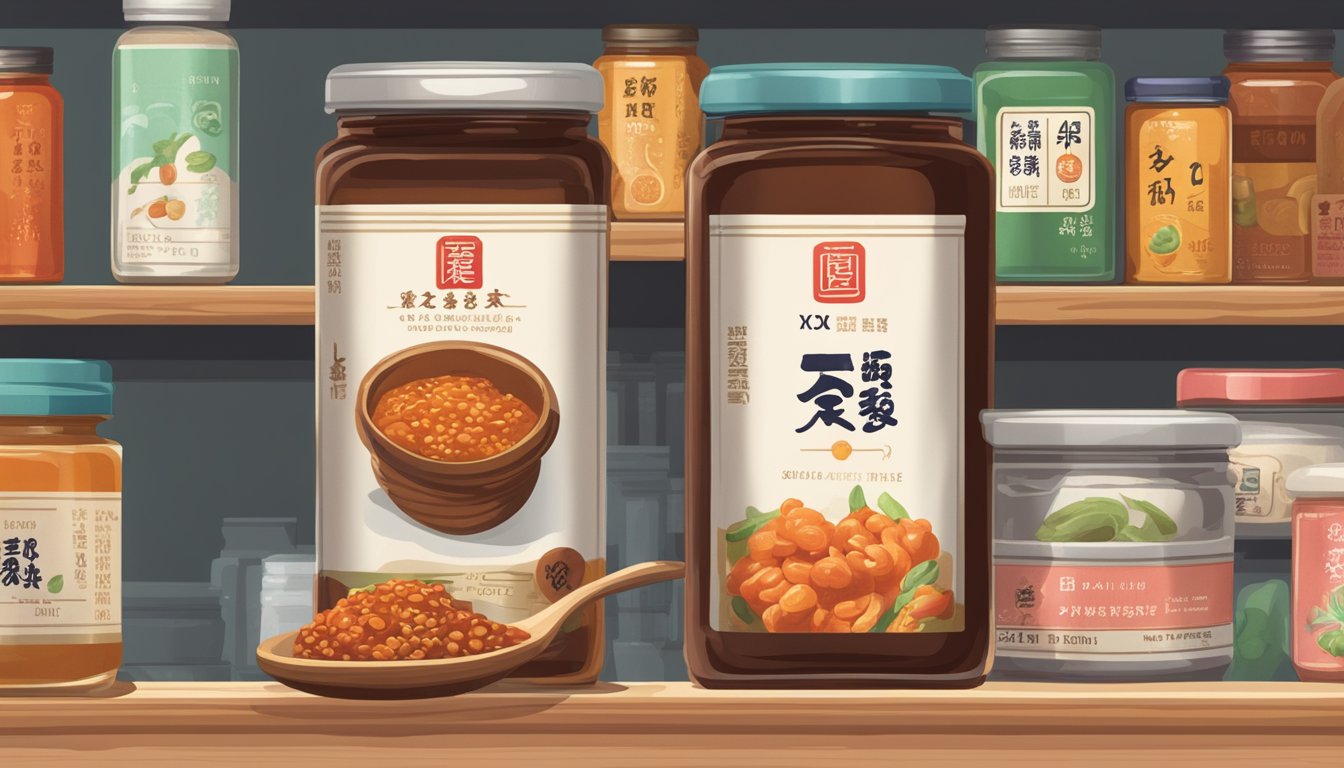 A jar of XO sauce sits on a shelf next to other condiments, its label slightly faded. A small spoon rests on the lid, hinting at its intended use