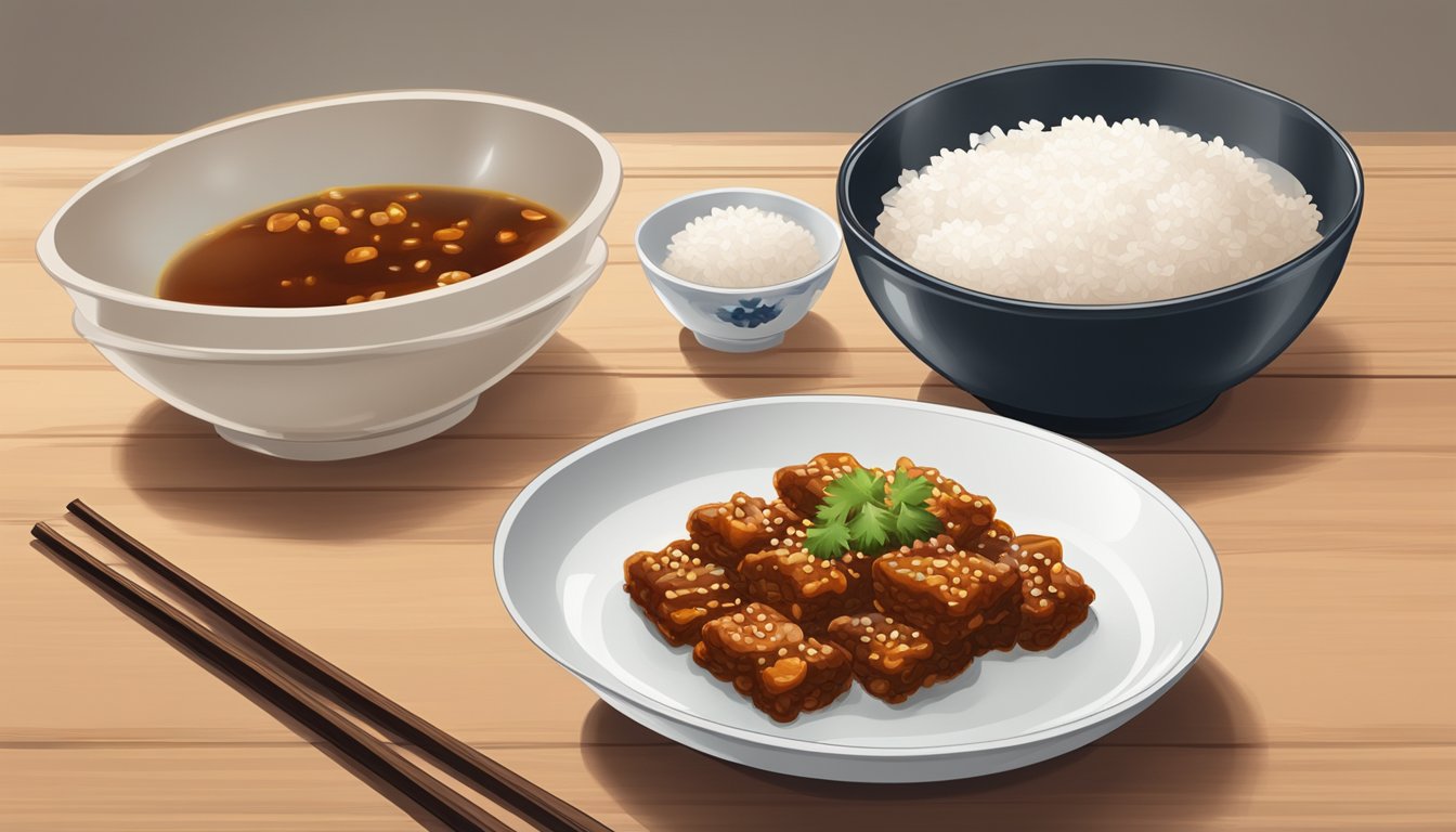 A small dish of XO sauce sits next to a bowl of steaming white rice on a wooden table