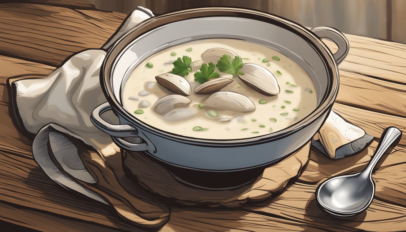 A bowl of clam chowder sits on a rustic wooden table, steam rising from the creamy broth. A spoon rests beside the bowl, ready for use