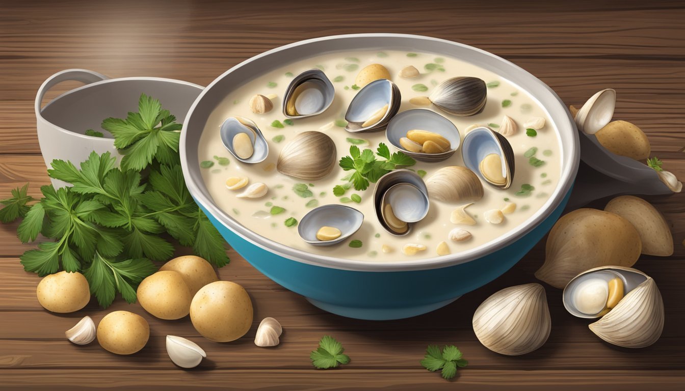 A steaming bowl of clam chowder sits on a rustic wooden table, surrounded by a pile of freshly shucked clams, diced potatoes, and aromatic herbs