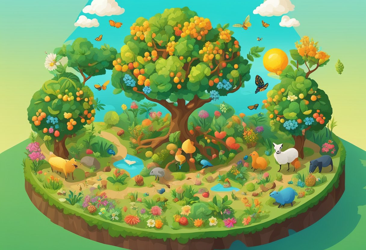 A vibrant tree with branches spreading wide, each bearing different types of fruits and flowers, surrounded by a diverse array of animals and insects