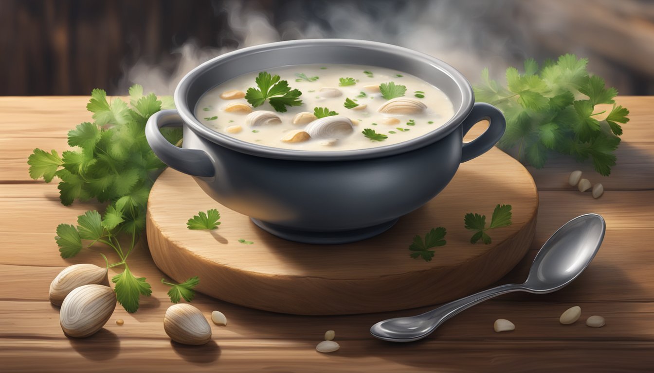 A bowl of clam chowder sits on a rustic wooden table, steam rising from the creamy broth. A sprinkle of parsley garnishes the surface, and a spoon rests on the side