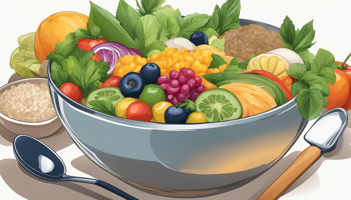 A bowl of Xnipec surrounded by fresh ingredients, with a spoon ready to eat