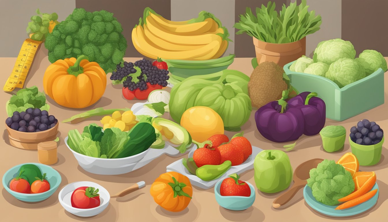 A table with a variety of fresh fruits and vegetables, a measuring scale, and a nutrition label