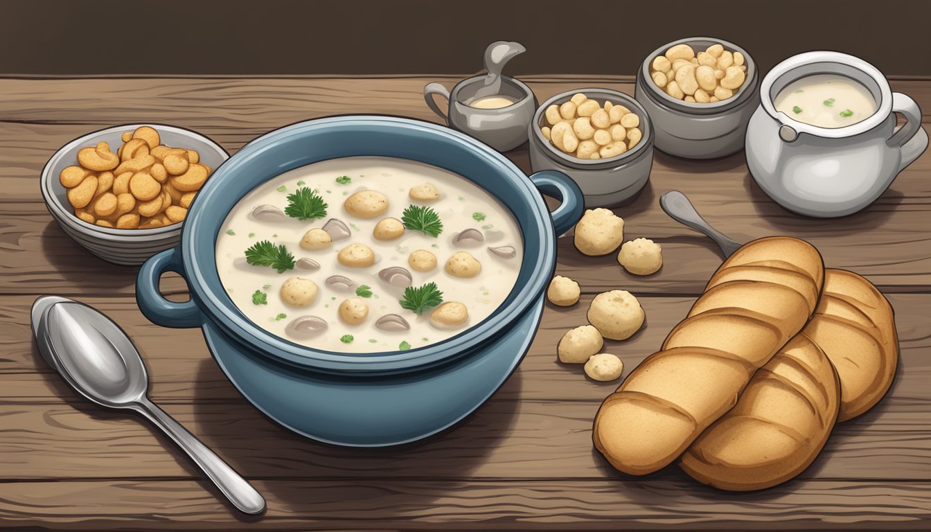 A steaming bowl of clam chowder sits on a rustic wooden table, surrounded by freshly baked bread and a small dish of oyster crackers