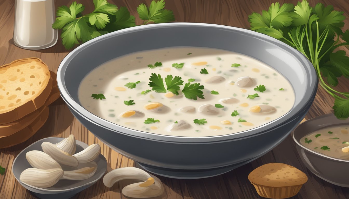 A steaming bowl of clam chowder sits on a rustic wooden table, garnished with a sprinkle of fresh parsley and accompanied by a side of warm, crusty bread