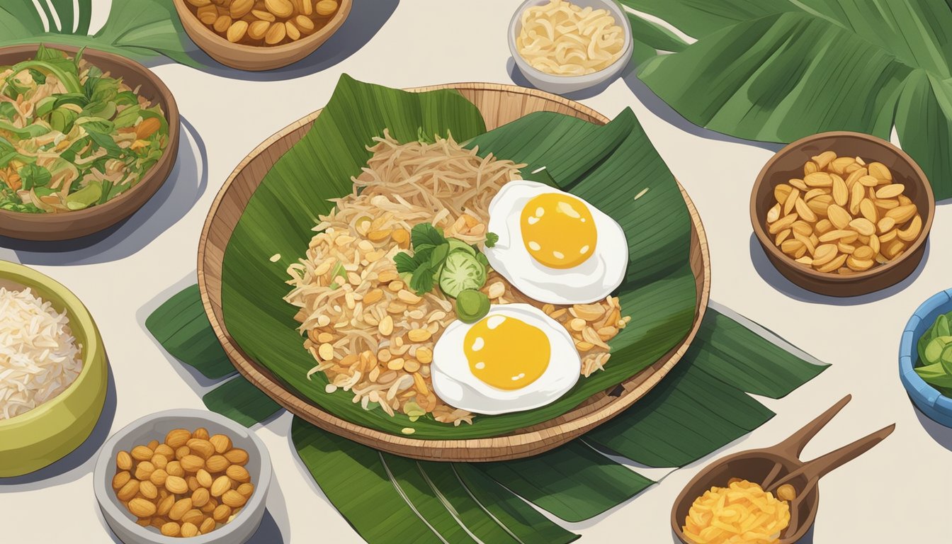 A steaming bowl of xoi sits on a banana leaf, surrounded by small dishes of toppings such as fried onions, peanuts, and shredded coconut