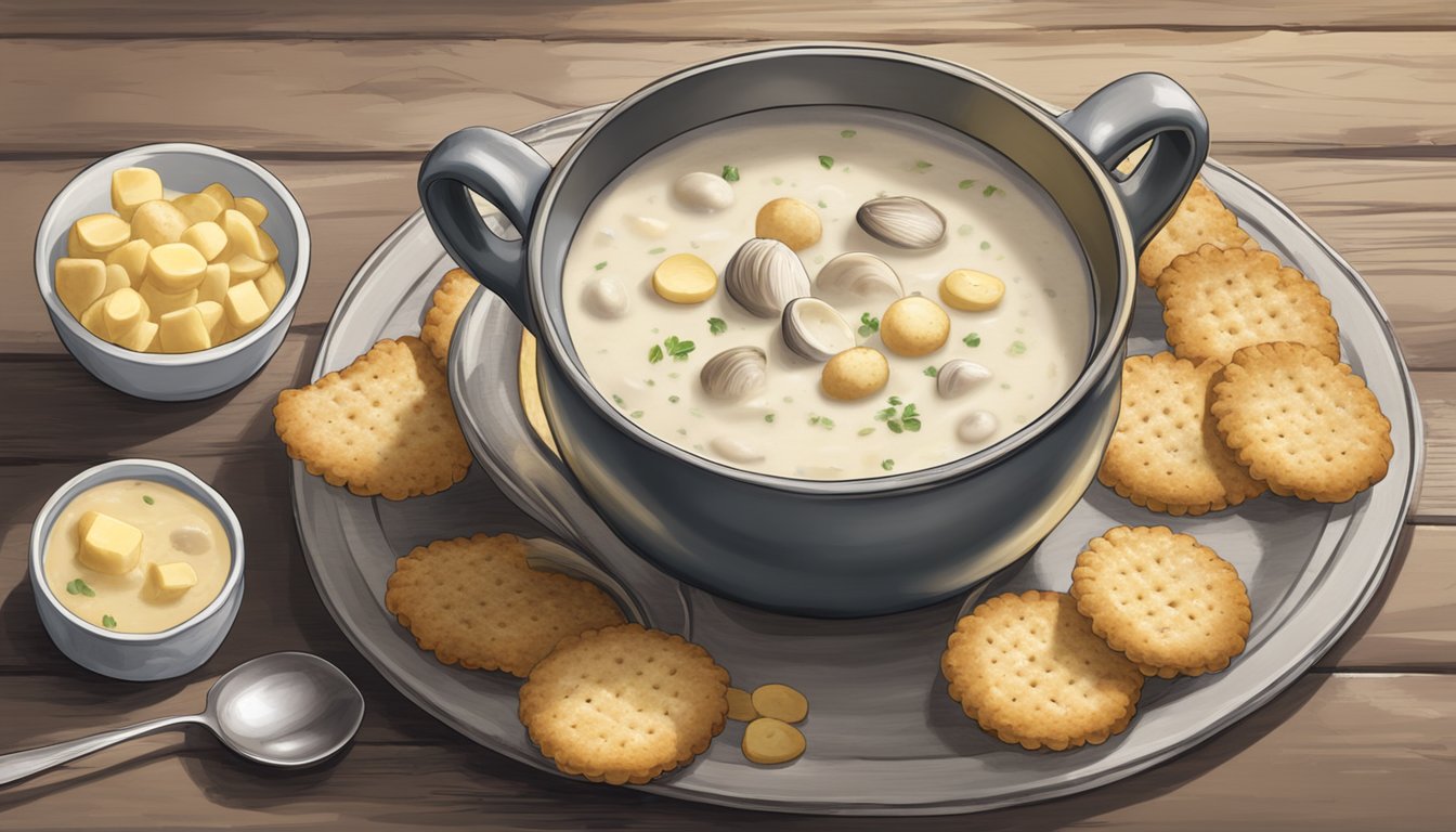 A steaming bowl of clam chowder sits on a rustic wooden table, surrounded by a stack of oyster crackers and a small dish of melted butter