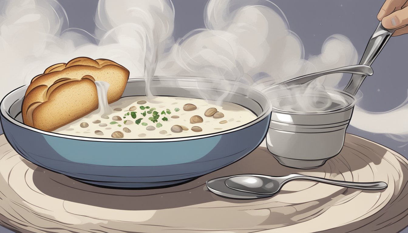 A person holds a spoon over a steaming bowl of clam chowder, ready to take a bite. A loaf of crusty bread sits next to the bowl