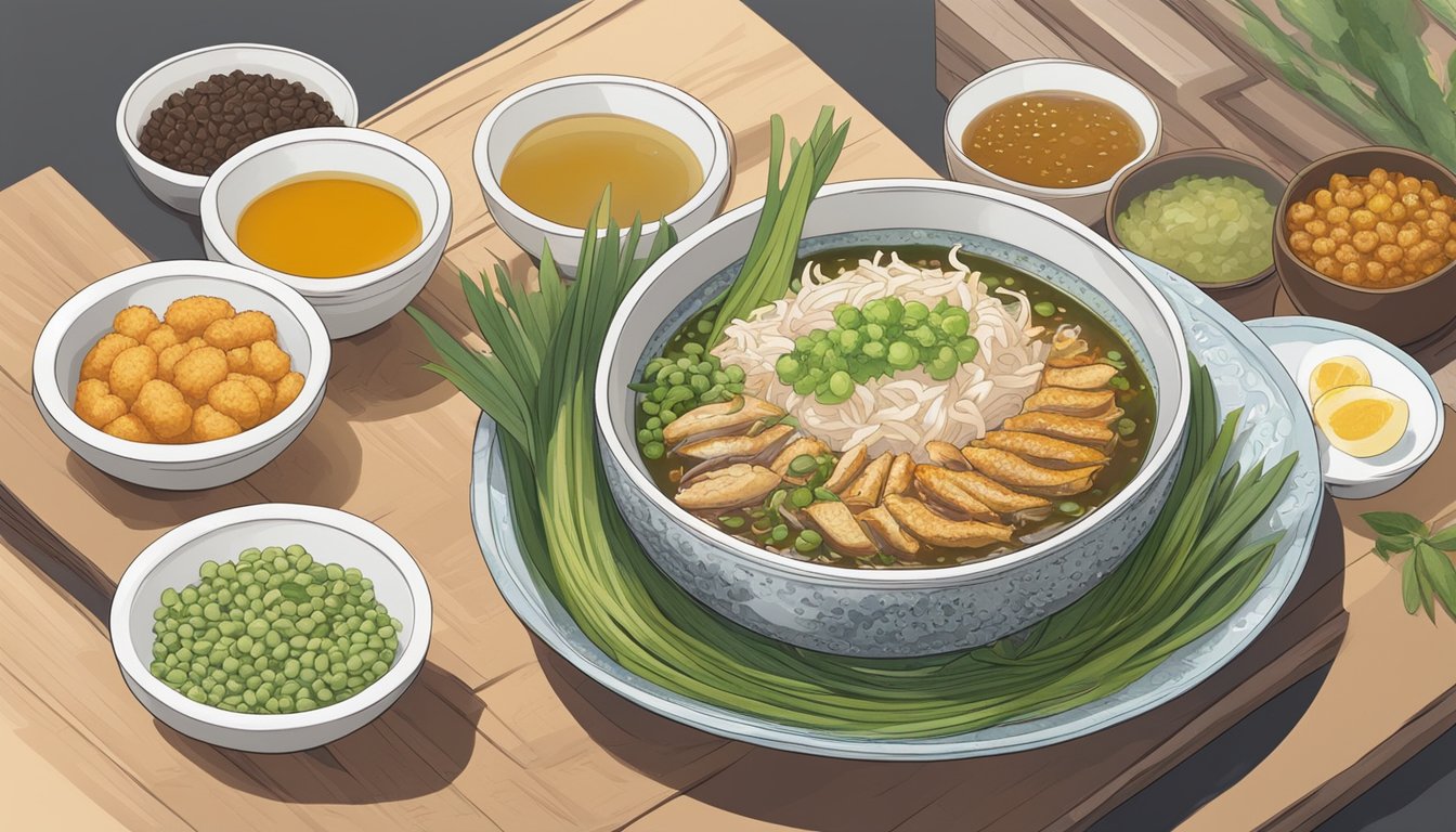 A steaming bowl of xoi, surrounded by ingredients like mung beans, fried shallots, and shredded chicken, with a side of fish sauce for dipping