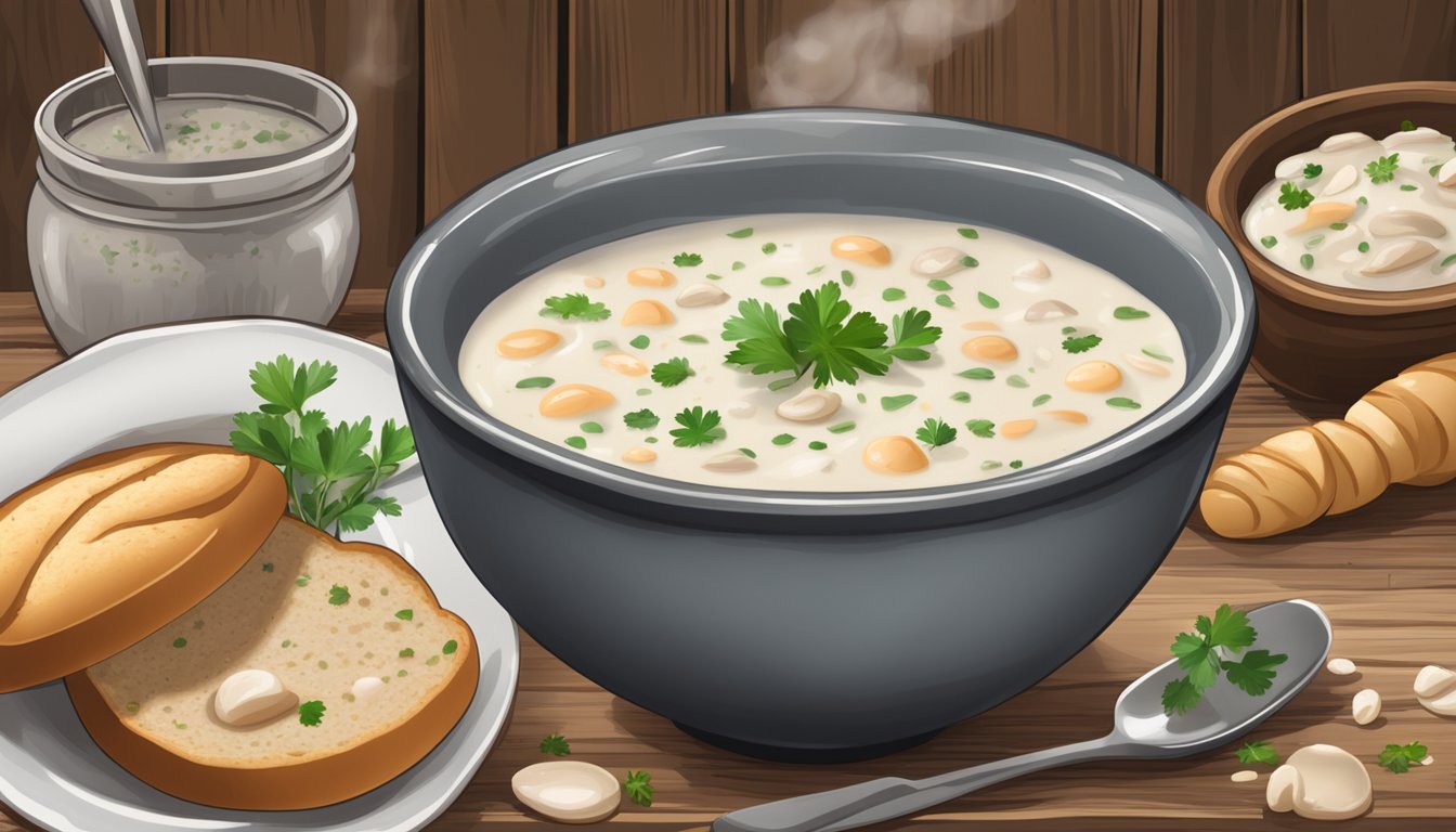 A steaming bowl of clam chowder sits on a rustic wooden table, surrounded by freshly baked bread and a sprinkle of parsley