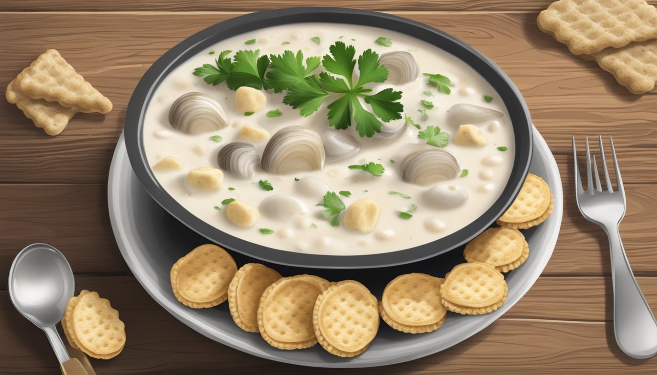 A steaming bowl of clam chowder sits on a rustic wooden table, garnished with fresh parsley and accompanied by a side of oyster crackers