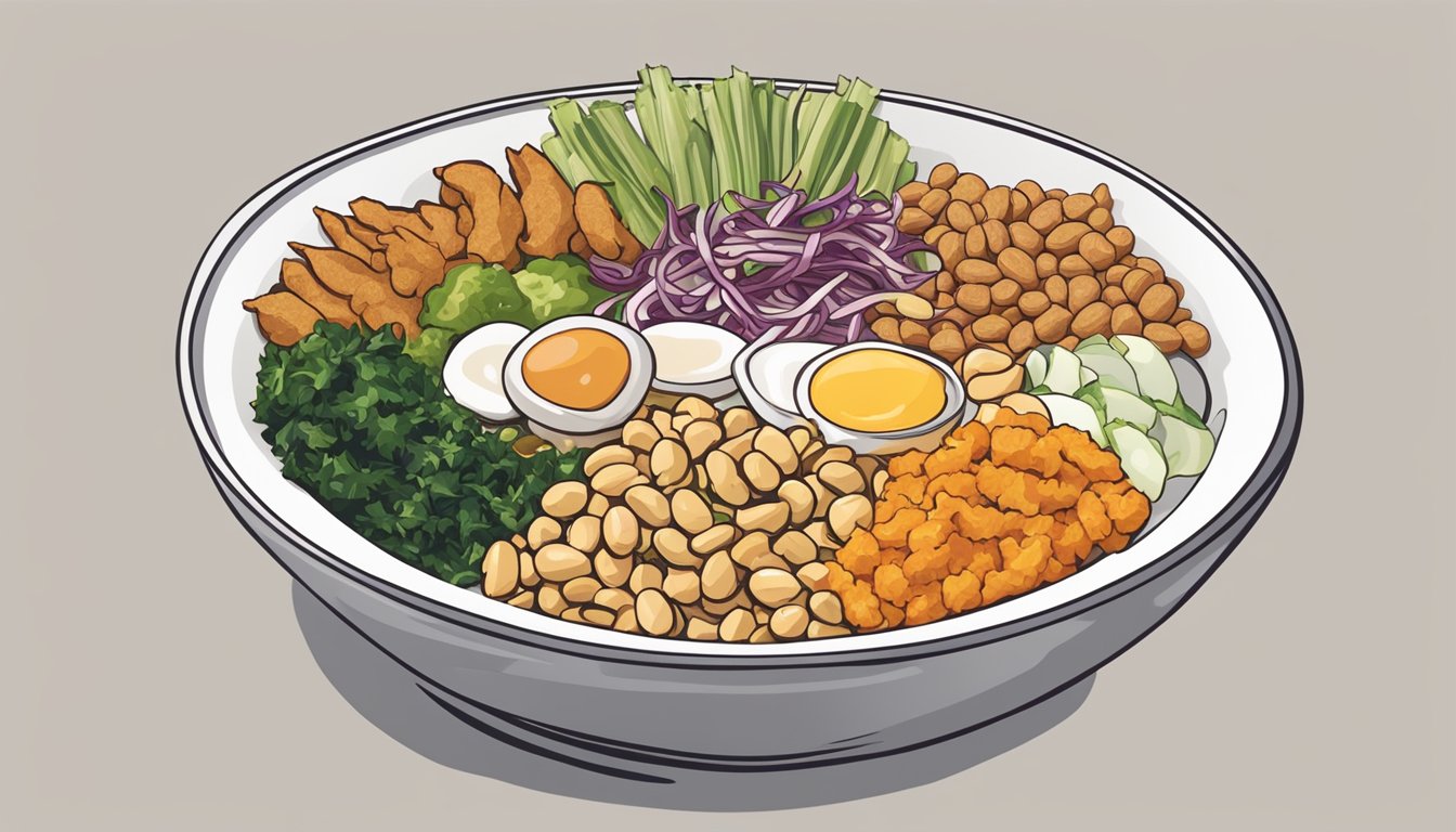 A bowl of xoi surrounded by various toppings and condiments, such as fried shallots, peanuts, and pickled vegetables