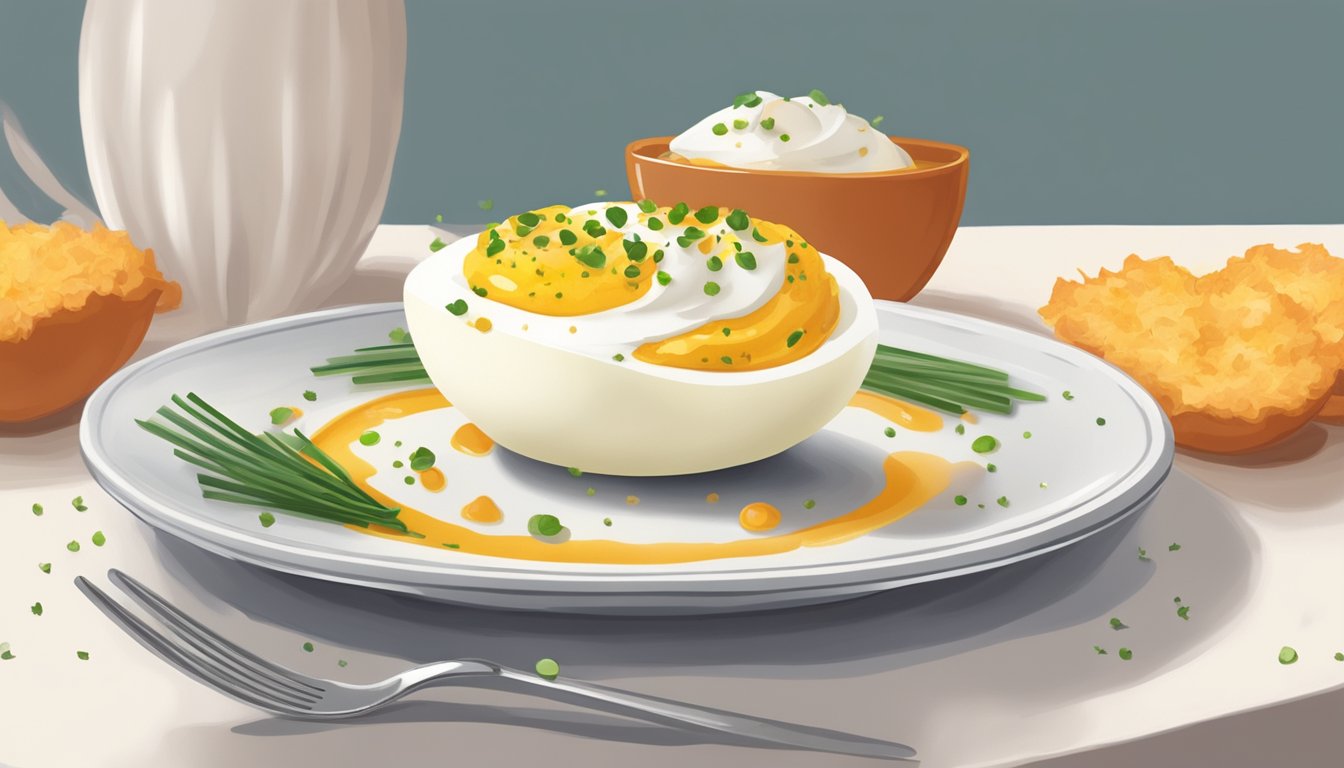 A deviled egg sits on a delicate plate, surrounded by a sprinkle of paprika. The creamy filling is perfectly piped, and a small chive leaf rests on top