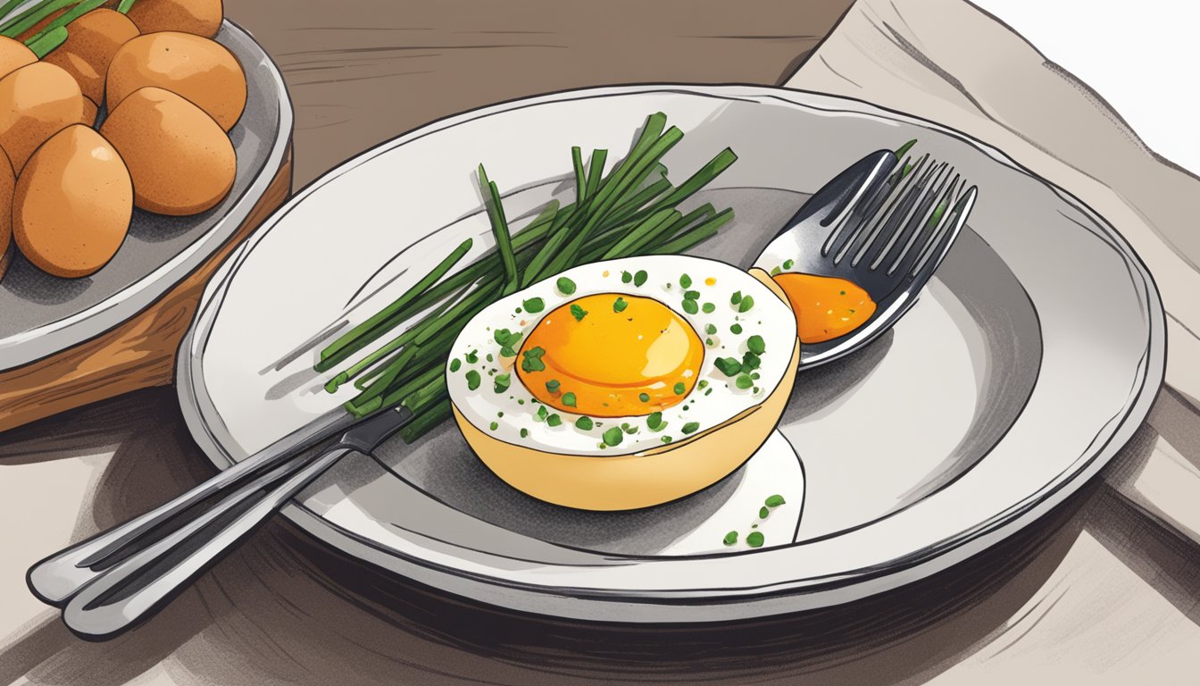 A deviled egg sits on a small plate, garnished with paprika and chives. A fork pierces the egg, lifting a bite-sized portion