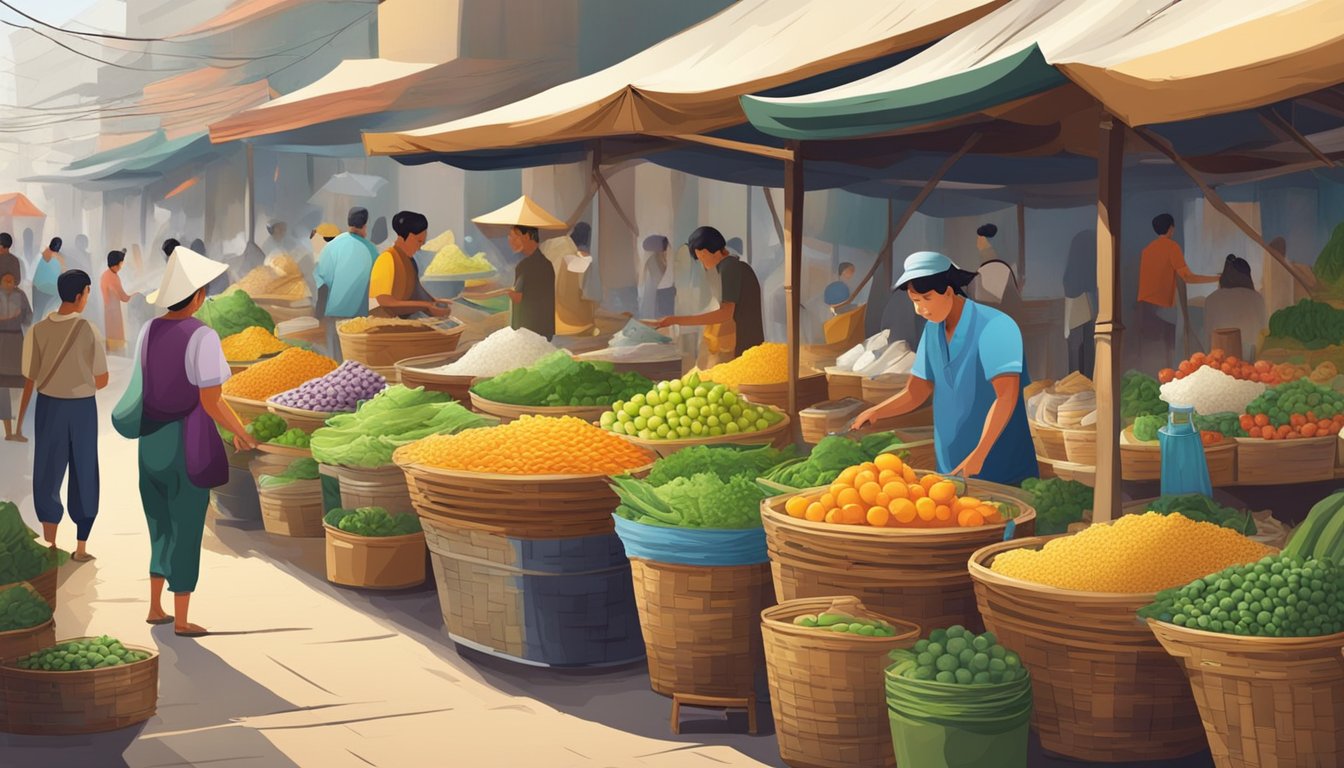 A bustling outdoor market with colorful stalls selling various ingredients, while a street vendor prepares and serves xoi in traditional bamboo baskets