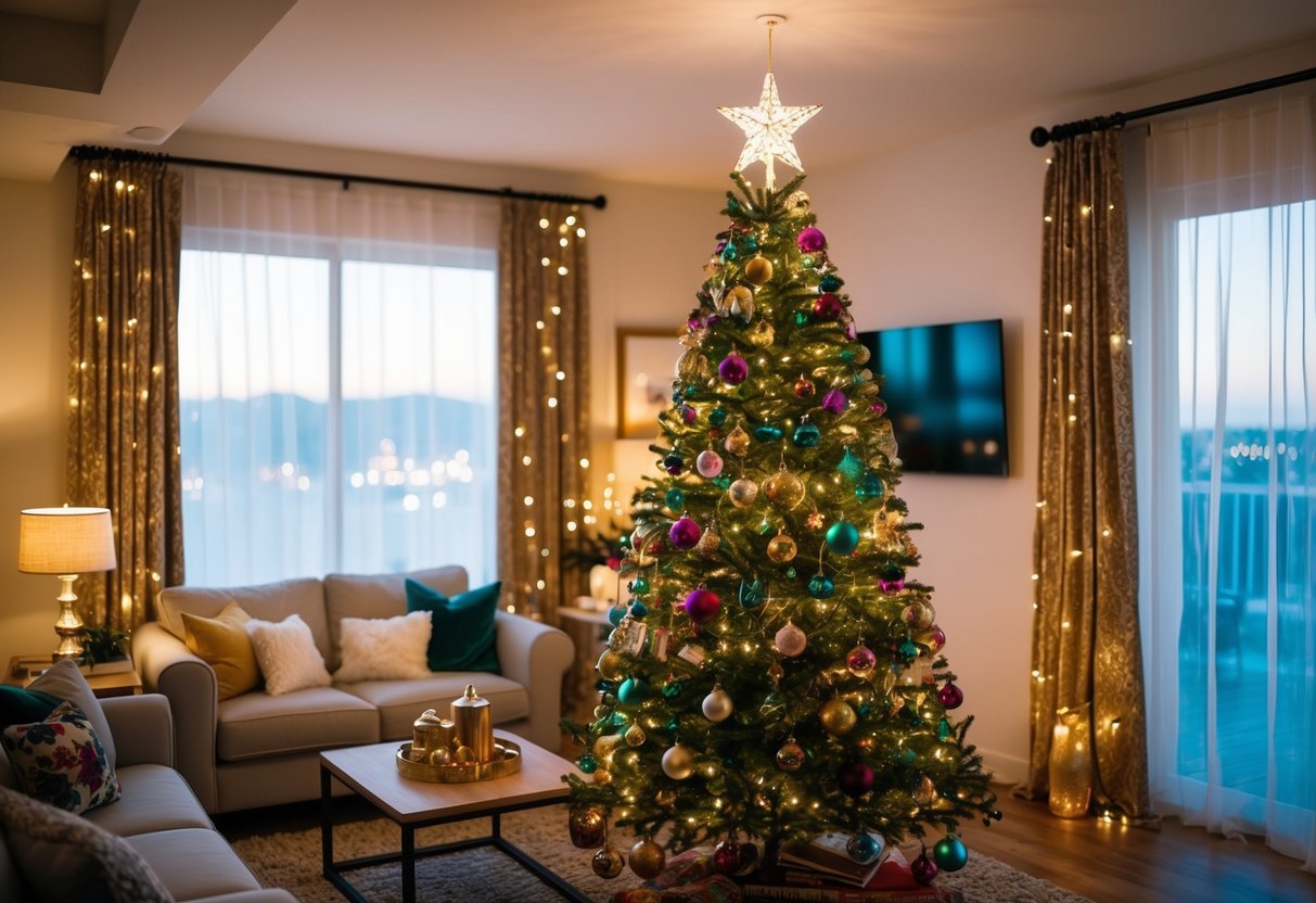 A cozy living room with a tall Christmas tree adorned with colorful ornaments, twinkling lights, and a shining star topper