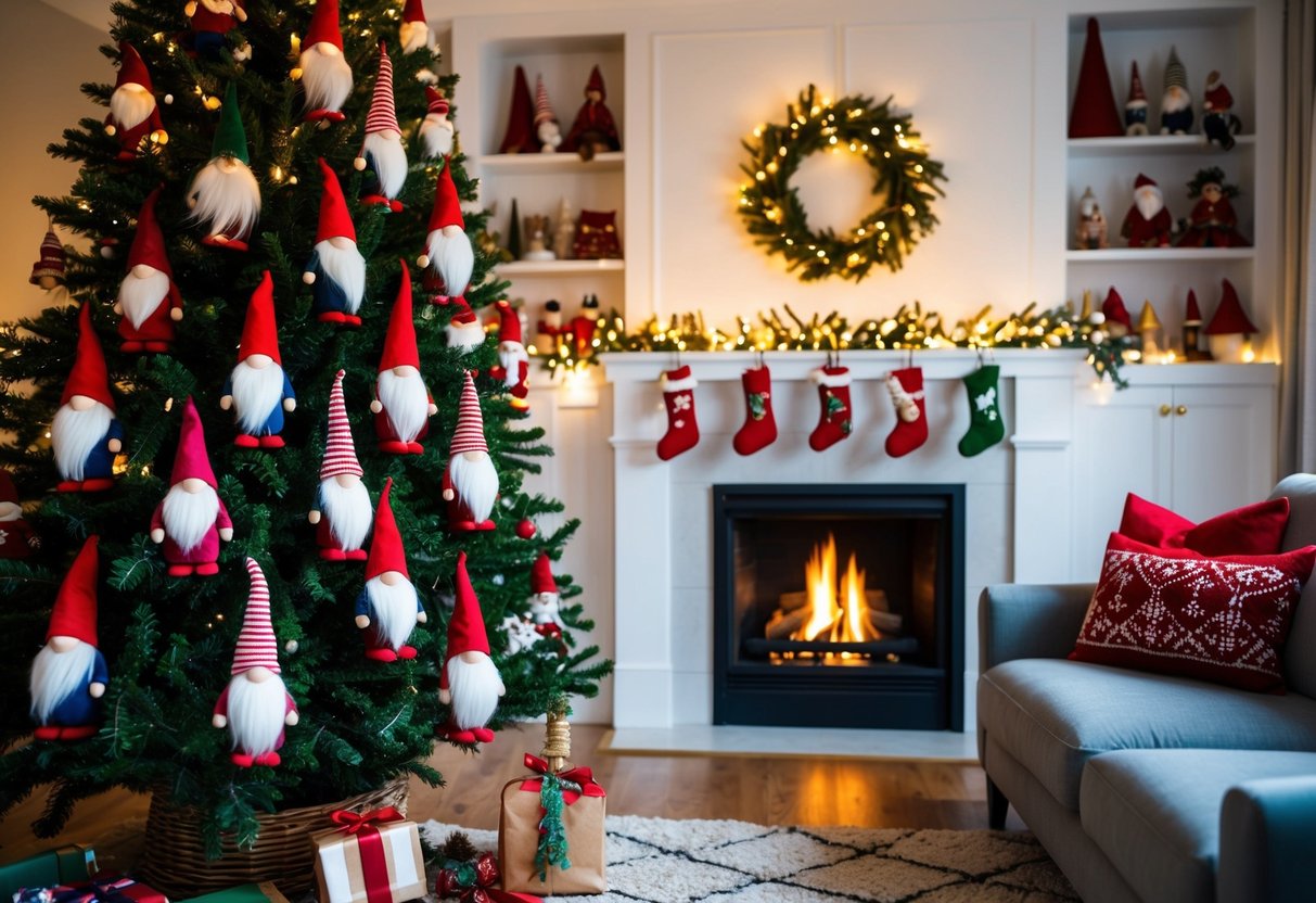 A cozy living room with a crackling fire, adorned with 18 handmade Nordic gnomes hanging from the Christmas tree, surrounded by twinkling lights and festive decorations