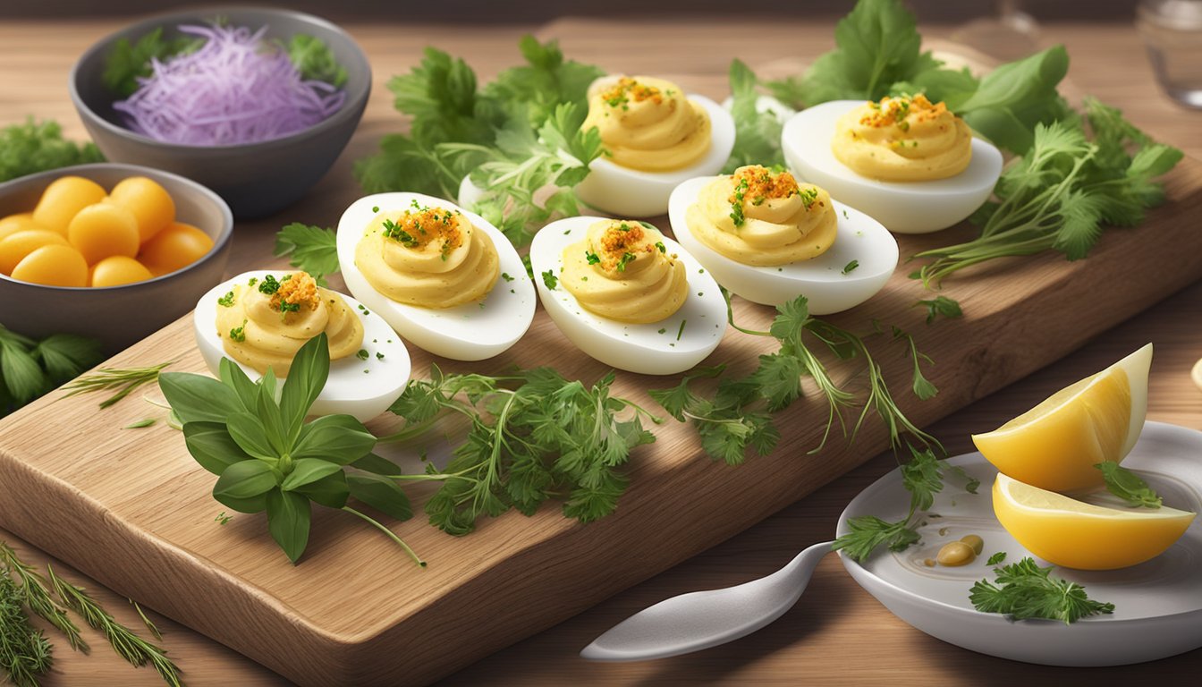 A platter of deviled eggs on a wooden board, surrounded by fresh herbs and colorful garnishes