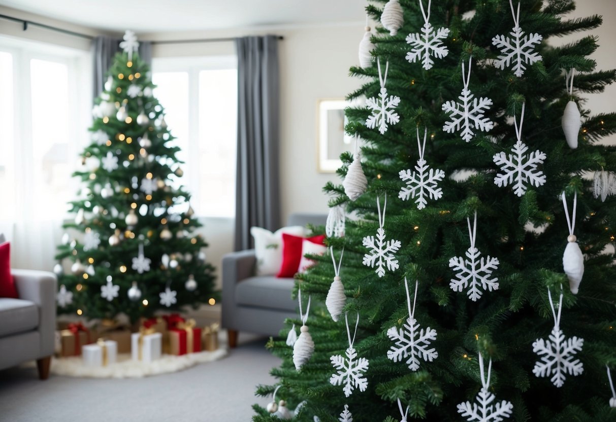 A cozy living room with a decorated Christmas tree adorned with 18 felt snowflake decorations, creating a festive and joyful atmosphere