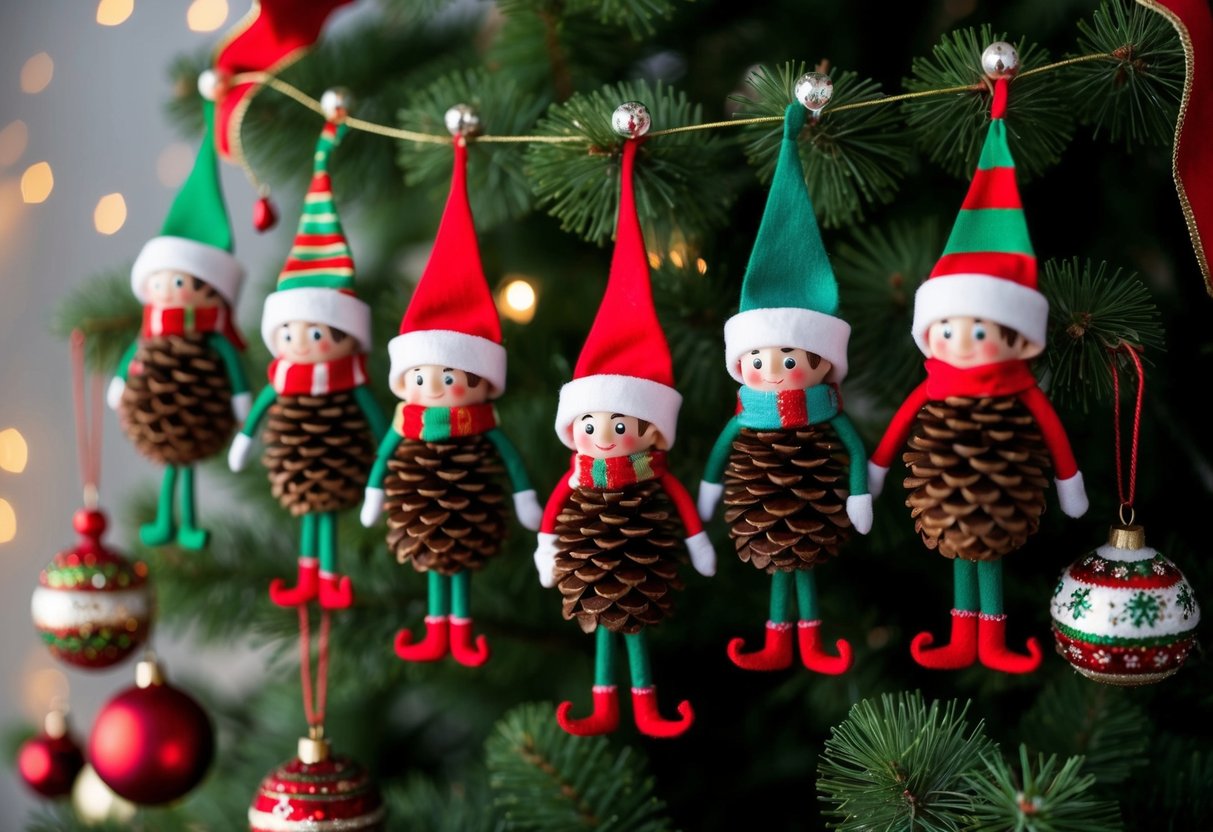 A group of pinecone elves hang from a Christmas tree, each adorned with festive hats and colorful scarves, adding a whimsical touch to the holiday decor