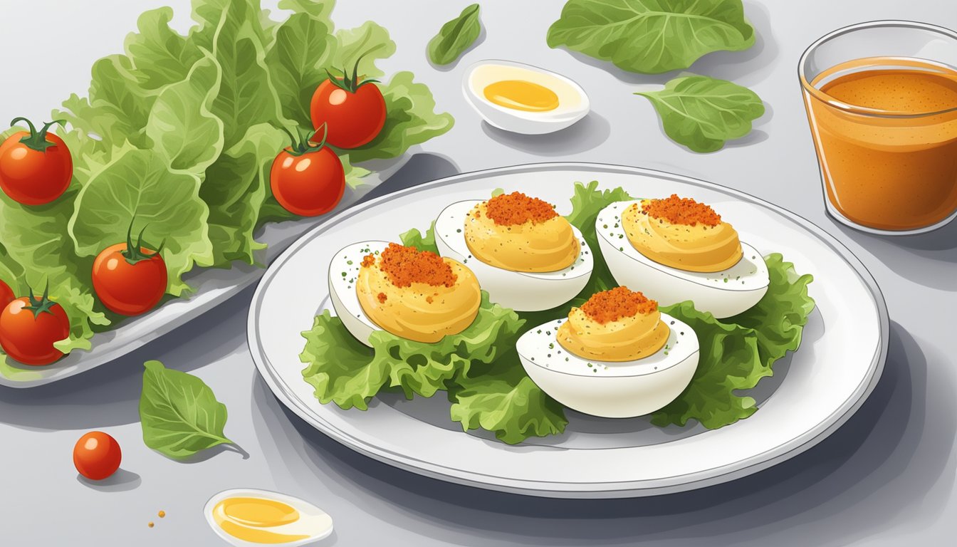 A deviled egg sitting on a white plate with a sprinkle of paprika on top, surrounded by a few lettuce leaves and cherry tomatoes