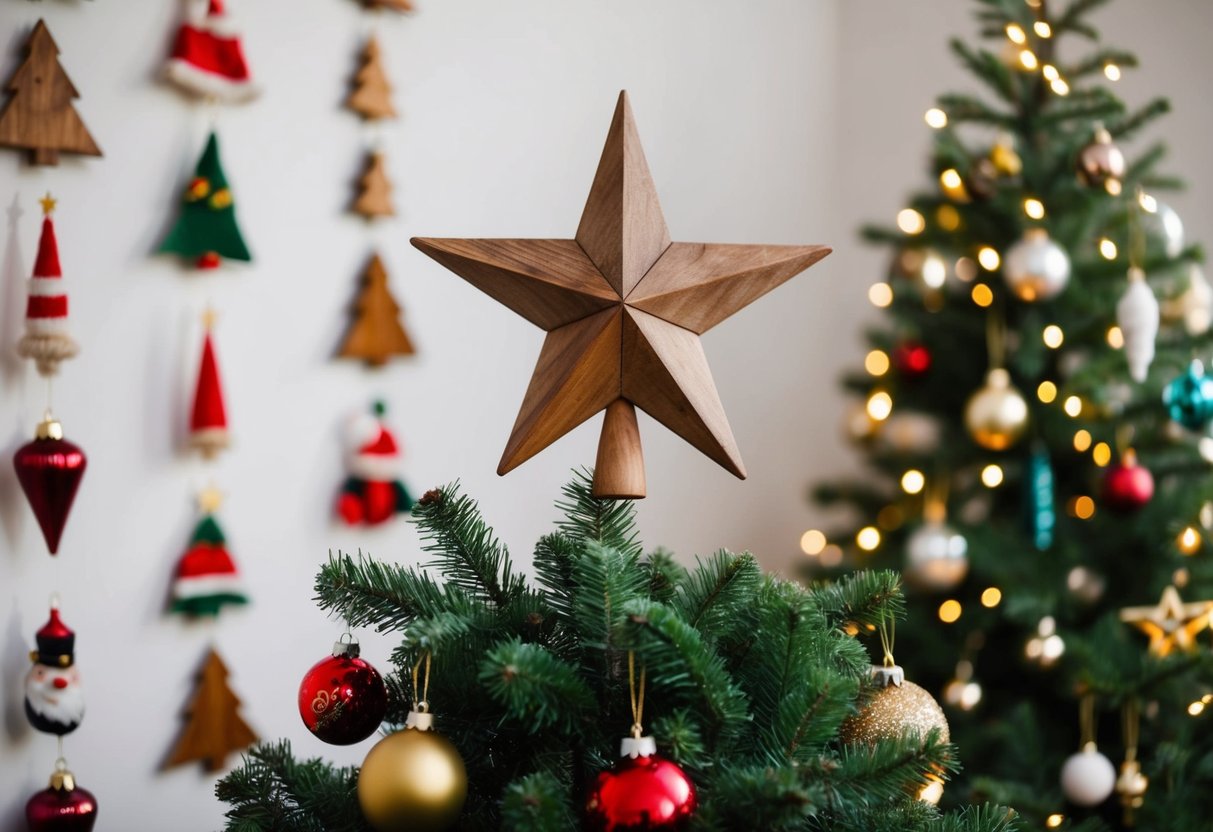 A rustic wooden star topper sits atop a festive Christmas tree, surrounded by 17 other unique decorations