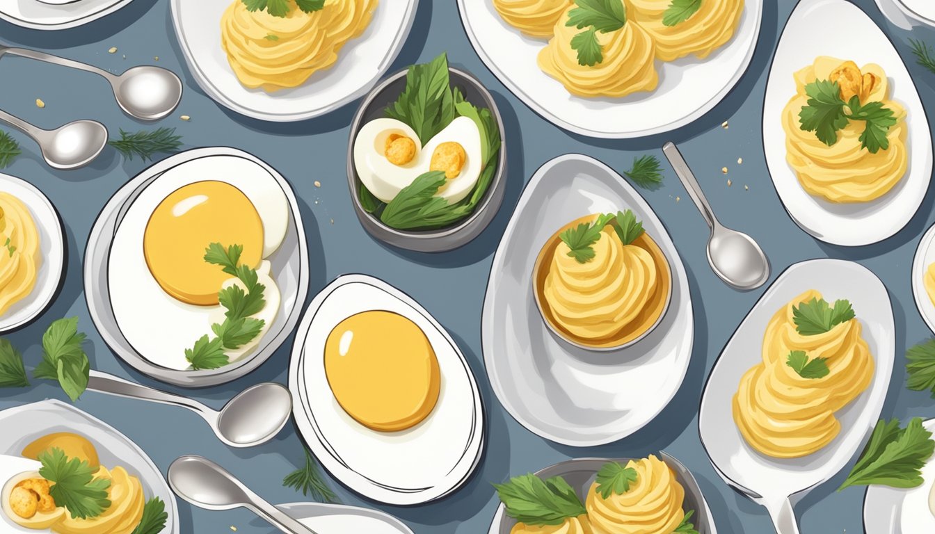 A deviled egg being delicately scooped up with a small spoon, surrounded by a plate of neatly arranged appetizers