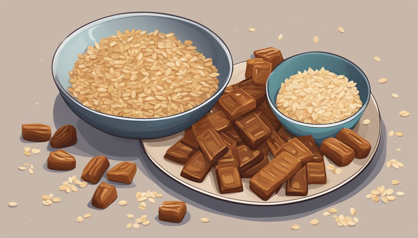 A plate with a date square cut into bite-sized pieces, surrounded by scattered oats and dates