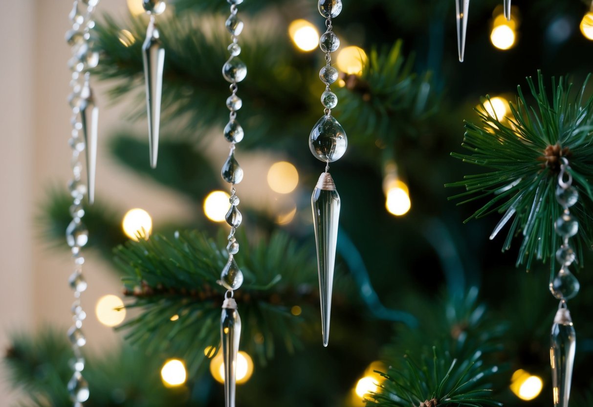 Shimmering icicle drops adorn a Christmas tree, catching the light and adding a touch of magic to the festive scene