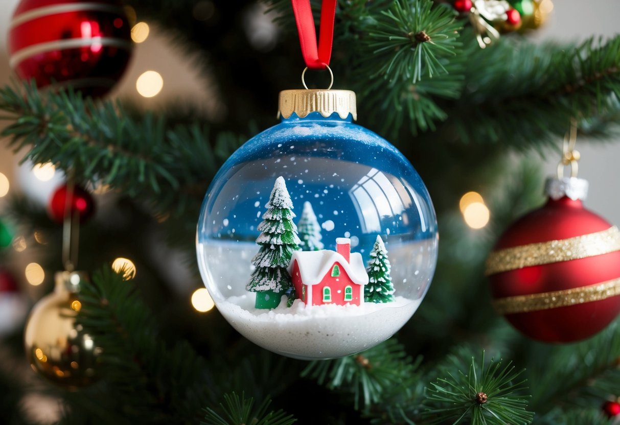 A snow globe bauble hangs from a Christmas tree, surrounded by other festive decorations