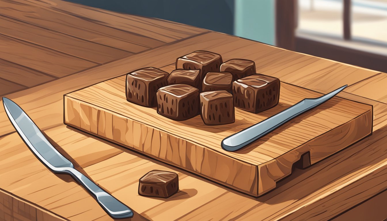 A date square being cut into neat, bite-sized pieces on a wooden cutting board, with a fork nearby