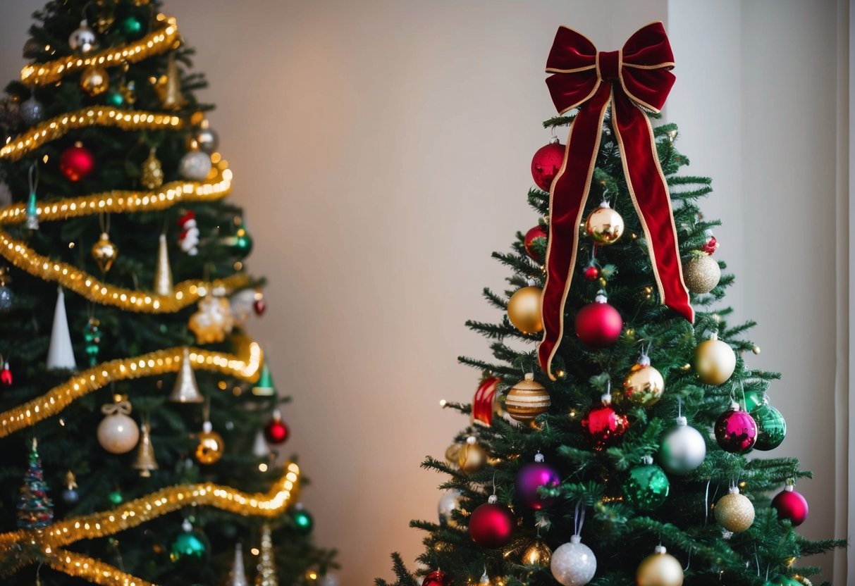 A tall Christmas tree adorned with 18 different decorations, with a velvet bow tree topper standing proudly at the very top