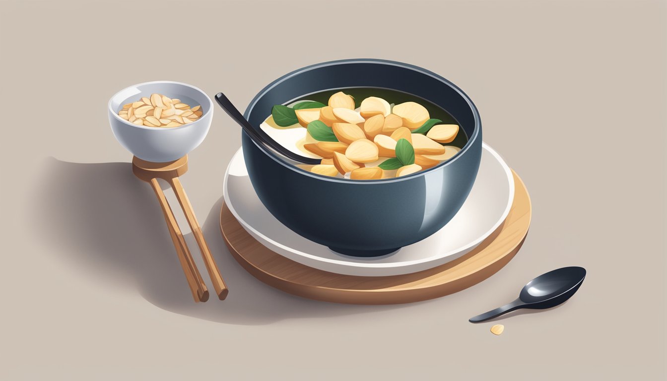 A bowl of Xingren Doufu with sliced almonds and a spoon beside it